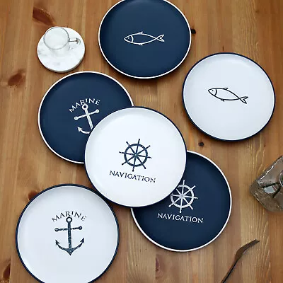 Buy Nautical Dinner Plates Set Of 6 Stoneware Blue White Beach Sea Tableware 27cm • 38£