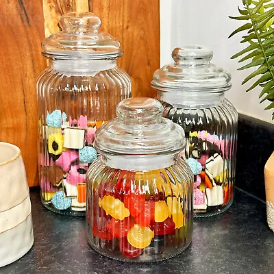 Buy Glass Sweets Jars Set Of 3 Ribbed Airtight Round Kitchen Food Storage Containers • 15£