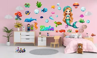 Buy 3D Mermaid Personalised Wall Stickers Set Nursery Kids Girl Room Wall Decals MS2 • 17.50£