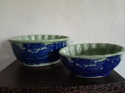 Buy Vintage Victorian Ironstone Flow Blue Oval Jelly  Terrine Moulds Planter Pot X 2 • 39.99£