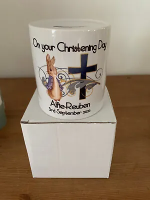 Buy Personalised Baby Ceramic Money Box Christening Day Piggy Bank Peter Rabbit Boys • 10.99£