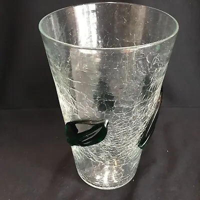 Buy Vintage 10” Tall Blenko Crackle Glass Clear Vase W/ Applied Green Leaves MCM • 33.07£