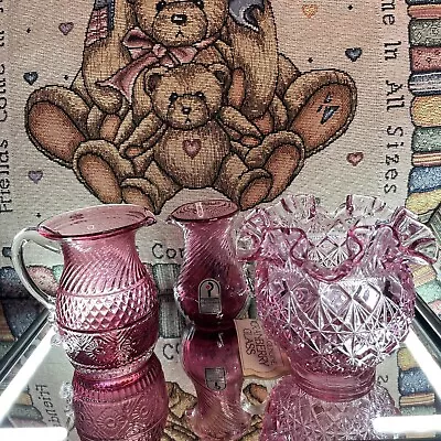 Buy 3 Piece Lot Pilgrim Cranberry Glass Pitcher Vase Creamer Handmade With Gold • 33.63£