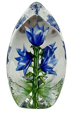 Buy Mats Jonasson Signed Art Glass Crystal Paperweight Blue Harebell Flower Sweden • 71.12£