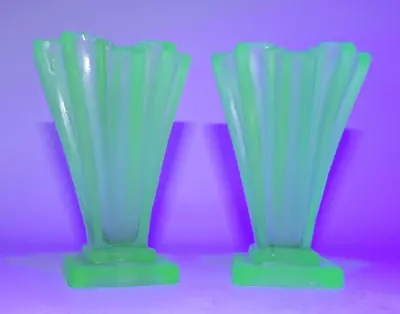 Buy Pair Bagley Grantham Uranium Glass Vases Aer Deco Green Frosted Satin 4  • 65£
