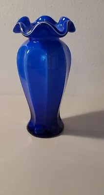 Buy Vintage Cobalt Blue White Cased Glass Vase Ruffle Edge Fenton? • 15.34£
