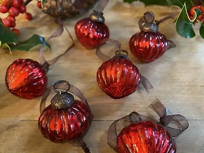 Buy Set Of 6 Small Red Crackle Glass Baubles, Handmade, Christmas Tree Decorations • 12.95£