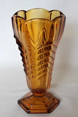 Buy Art Deco Amber Glass Hexagonal Chevron Vase By Davidson • 14.99£
