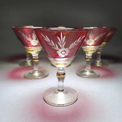 Buy 6x Vintage Bohemian Cranberry Lustre Etched Port Cordial Glasses Rubby Red Cut  • 49.90£