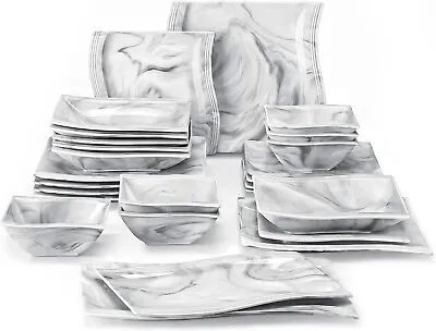Buy 26pc Marble Grey Dinner Set Square Plates Bowls Serving Platter Crockery For 6 • 139.99£