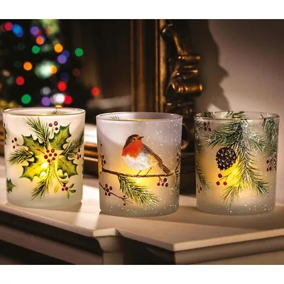 Buy 3 X Festive Glass Tealight Holders With LED Candles Hand Painted Christmas Decor • 17.95£
