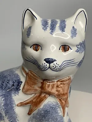Buy Rye Pottery Ceramic Hand-Painted Cat. Blue And White Stripes, Made In England • 24.10£