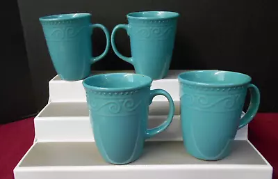 Buy Set O 4 Royal Norfolk Teal Aqua Blue Turquoise Embossed Scroll 12 Oz Coffee Mugs • 16.38£