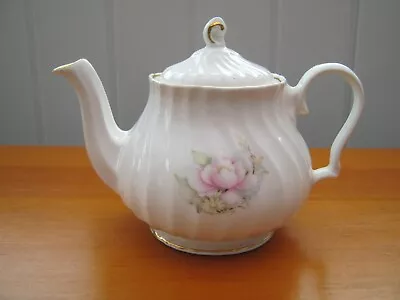 Buy Pretty Vintage Fluted Teapot With Pink Rose Flower Design Gilt Details - One Cup • 4.99£