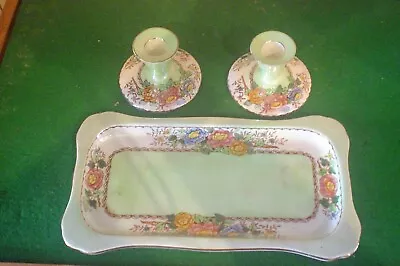 Buy Maling  Green  Peony Rose   Pair Candle Holders & Tray • 25£