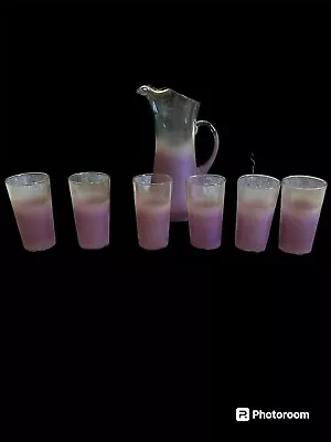 Buy Vintage Blendo Frosted Purple Glassware Pitcher And 6 Glasses • 47.44£