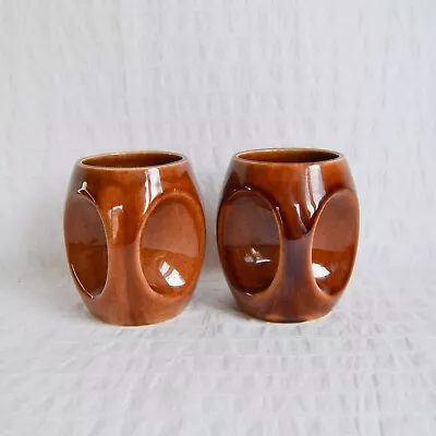 Buy Vintage Holkham Pottery Owl Eye Mugs Cups Brown Glaze, Two Pair, Retro 70's • 18£