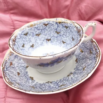 Buy Victorian Antique Pale Blue Moss Gold Butterflies Bone China Tea Cup & Saucer • 30£