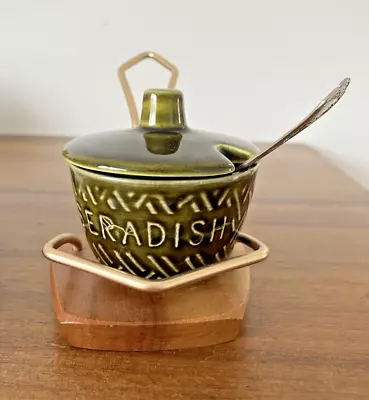 Buy Vintage Crown Devon Horseradish Pot Green Pottery Wyncraft Wooden Stand Retro • 9.99£