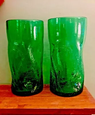 Buy Set Of 2 Blenko Tumblers Green Pinched Dimple Crackle Glasses 5.5” • 33.11£
