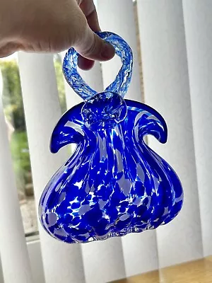 Buy Cobalt Blue And White Art Glass Hand Bag Vase Handblown Confetti Glass Purse • 21£