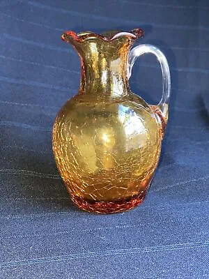 Buy Vintage Amber Crackle Glass Bud Vase Bottle With Handle And Ruffle Edge 4.25 In • 8.84£