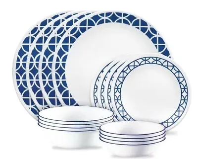 Buy Corelle Blue & White Cusco 16 Piece Glass Dinnerware Set Service/4  With 8 Bowls • 63.53£