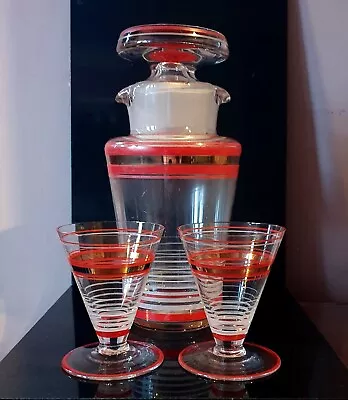 Buy Antique Art Deco Cocktail Decanter Mixer Shaker And Two Cocktail Glasses Red • 37£