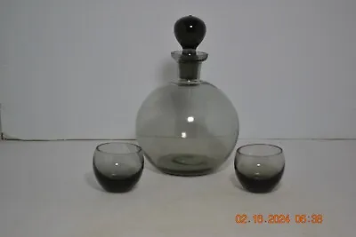 Buy Vintage Hand Blown Sherry Smoke Color Decanter And Two Glasses • 11.85£