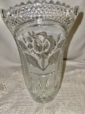 Buy Vintage 24 Percent Lead Crystal Heavy Pressed Glass Vase With Flower Design • 18.97£
