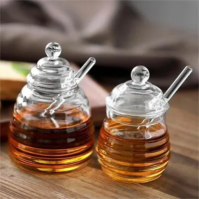 Buy Transparent Honey Jar With Dipper And Lid Glass Beehive Style Honey Glass Pot • 9.09£
