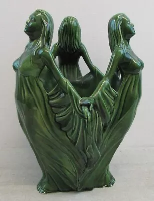 Buy Large Vintage Art Nouveau Vase -The Three Graces - High Gloss Green Glaze • 40£