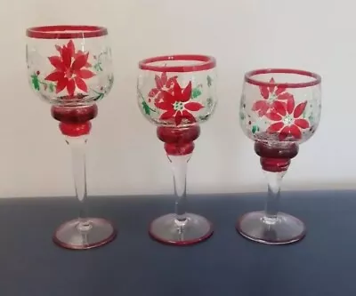 Buy Set Of 3 Vintage Crackle Glass Tall Xmas Candle Tealight Holders Y273 • 24.95£