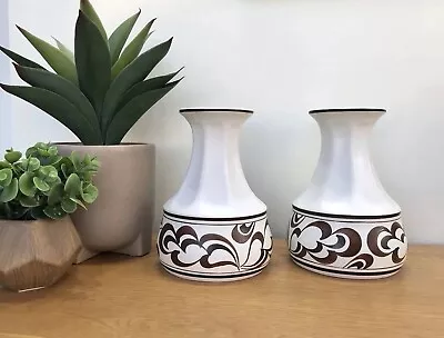 Buy Radford Pottery White Ceramic Flower Vases Hand-painted Brown Swirl Leaf Pattern • 7£