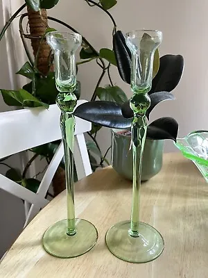Buy Vintage Light Pale Green Glass Tall Candle Stick Holders Stands 70s ? • 49.99£