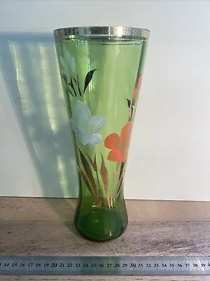 Buy Vintage Bohemian Emerald Green Glass Vase - Hand Painted Flowers • 16.99£