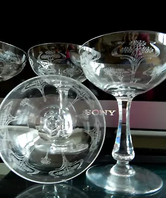 Buy RARE Vintage Pair Glass Champagne Coupes Etched ART NOUVEAU Florals 13cm 150ml • 69.99£