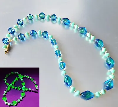 Buy Uranuim Necklace 18'' Vaseline Glass Blue Czech Beads Women's Jewelry Art Deco • 45.79£