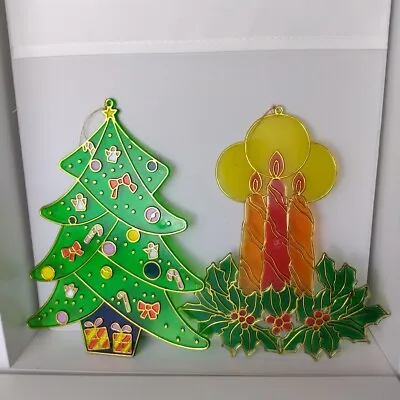 Buy Vintage Christmas Window Decorations Tree Candle Stained Glass Style Suncatcher • 12.99£