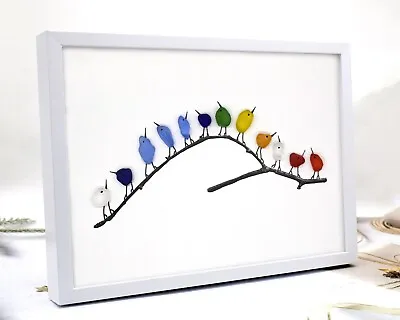 Buy Sea Glass Rainbow Birds On Branch,Sea Glass Art Picture,Birds Desktop Ornament • 24£