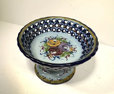 Buy Handpainted Portugal Pottery Bowl Pierced Candy Dish Footed Compote Vintage Blue • 12.46£