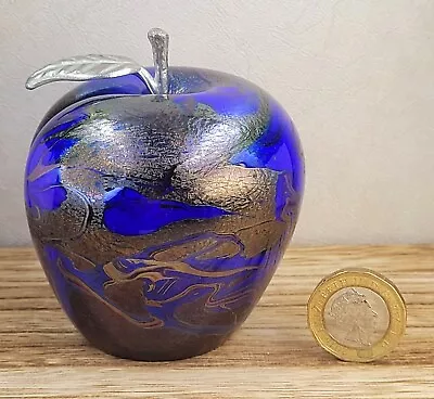 Buy Neo Art Glass Handmade Iridescent Blue & Grey Apple Paperweight Ornament • 24£