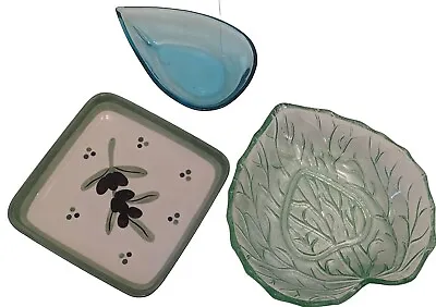 Buy Vintage Textured Glass Green Leaf Shaped Candy Dish Snack Bowl Olive Plate Serve • 12.95£