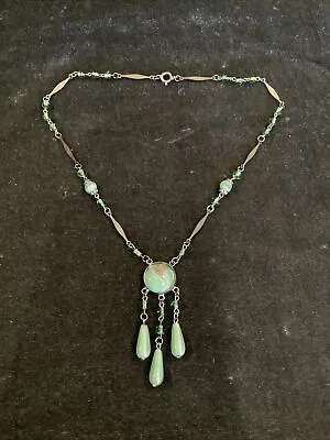 Buy Stunning Art Deco Pretty Czech Green Satin Glass Dropper Necklace Good Condition • 45£