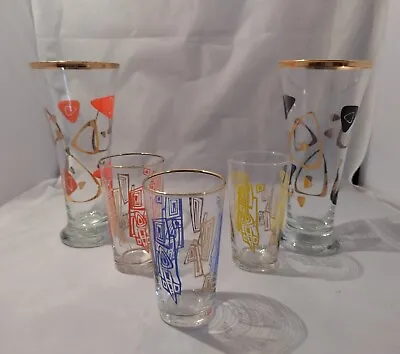 Buy Vintage Atomic 1950's-60's Drinking Glasses Retro Patterns Gold Colour Gilding • 22.50£
