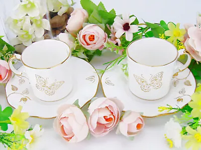 Buy Royal Crown Derby Royal Butterfly Bone China Pair Demitasse Coffee Cups & Saucer • 79.99£