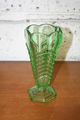 Buy Vintage Green Pressed Glass Vase ~Art Deco ~8  Tall ~VGC (BLK2) • 10.95£
