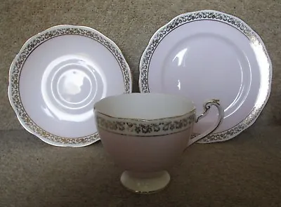 Buy Vintage Roslyn Tea Trio ~ Bone China ~ Baby Pink With Gold Nouveau Pattern Edge  • 12.99£