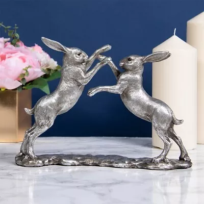 Buy Boxing Hares Ornament The Leonardo Collection Antique Silver Hare Large 28cm • 29.95£