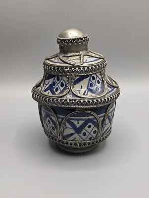 Buy Moroccan Ceramic Tureen Jobbana With White Metal Silver - Fez, Antique, Islamic  • 50£